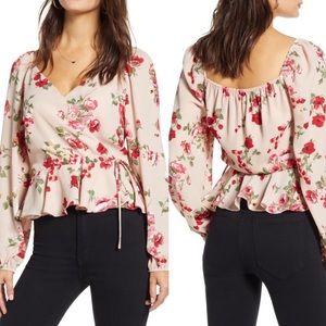 Leith Blush Floral Print Puff sleeve Blouse Sz M